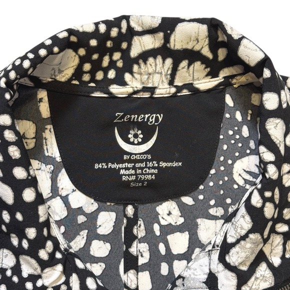 Zenergy Chico's Womens Size 2 L Black White Abstract Floral Print Zip Up Jacket - Picture 9 of 11